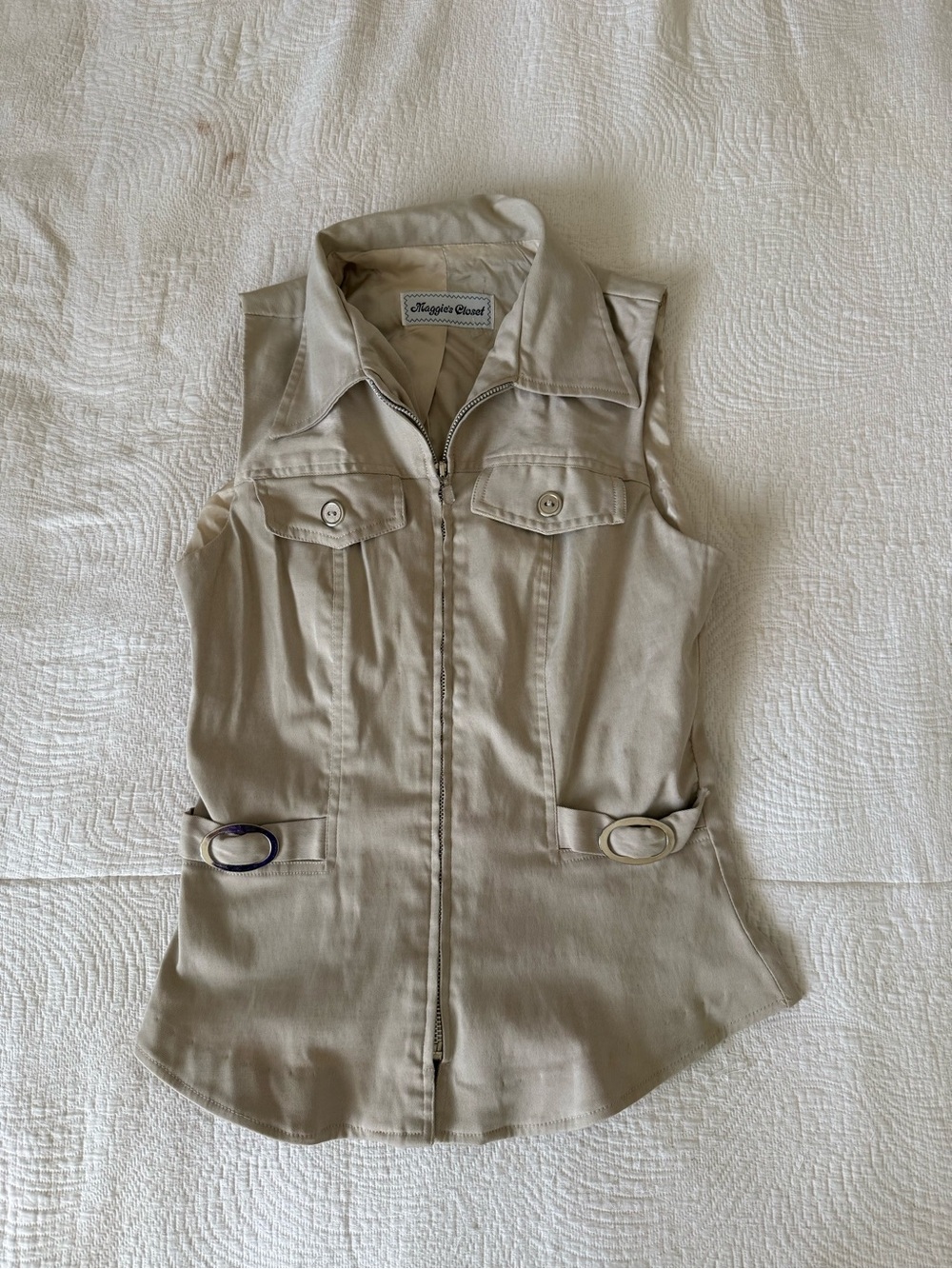 Sleeveless Zip-Front Utility Vest in Light Beige by